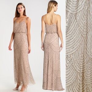 Adrianna Papell Beige Beaded Maxi Dress Art Deco Sequin Gown Wedding Bridemaid 2
